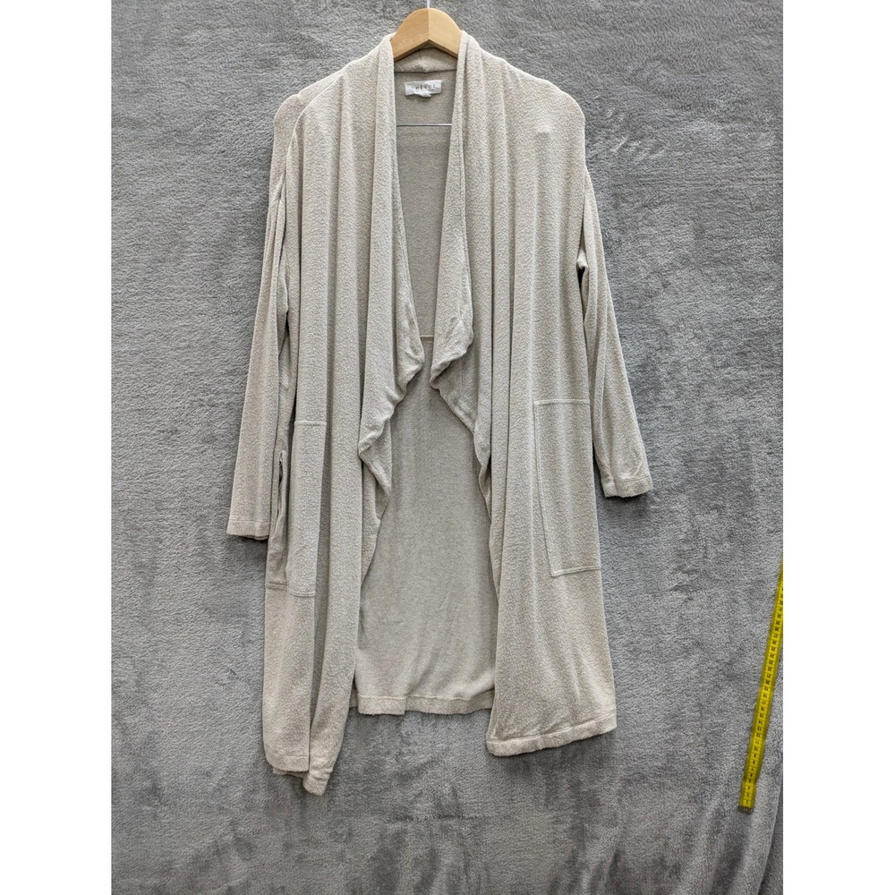 Minimalist Duster Cardigan Womens Medium Beige Open Front Pockets Jersey Knit